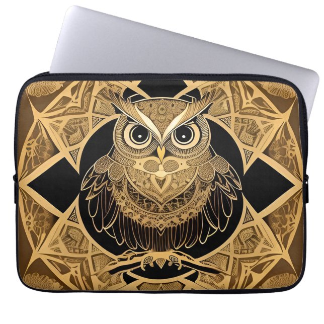 Capa Para Notebook Desenho de Mandala de Coruja Decorativa Dourada (Frente)