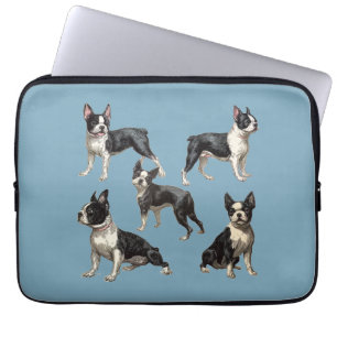 Capa Para Notebook Desenhos Antigos de Boston Terriers em Azul Turque