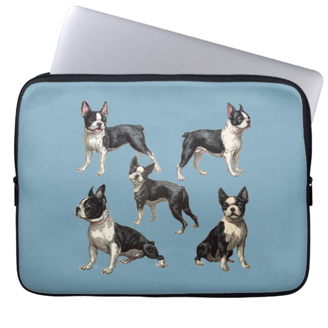 Capa Para Notebook Desenhos Antigos de Boston Terriers em Azul Turque (Frente)