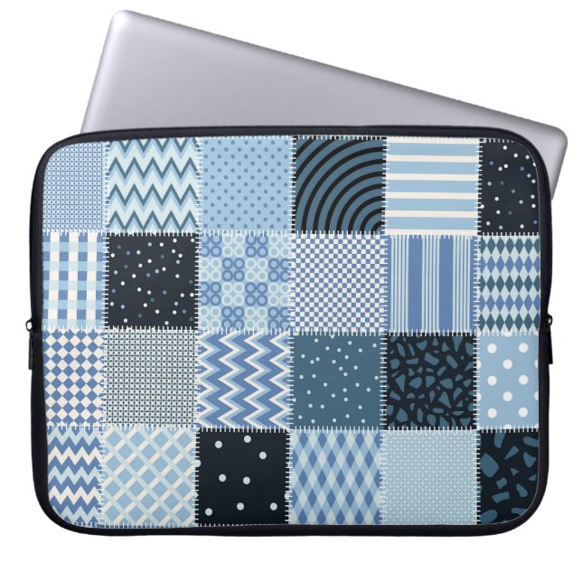 Capa Para Notebook Design, retalhos geométricos, tons azuis. (Frente)