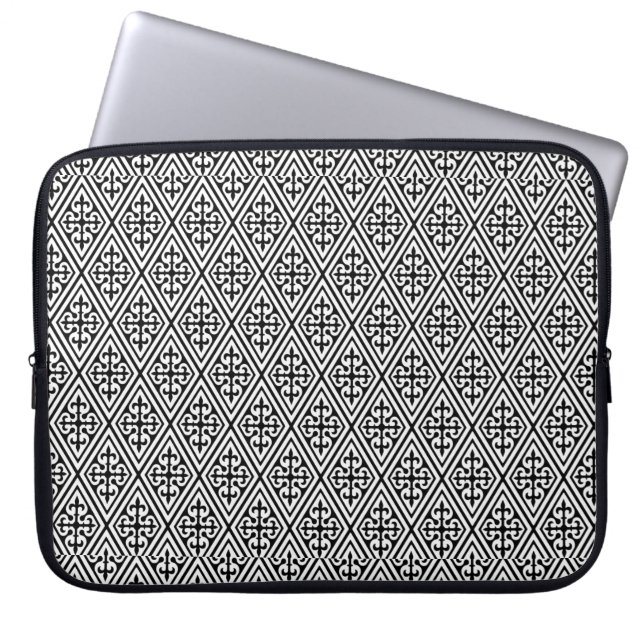 Capa Para Notebook Diamantes Damasco Medievais, preto e branco (Frente)