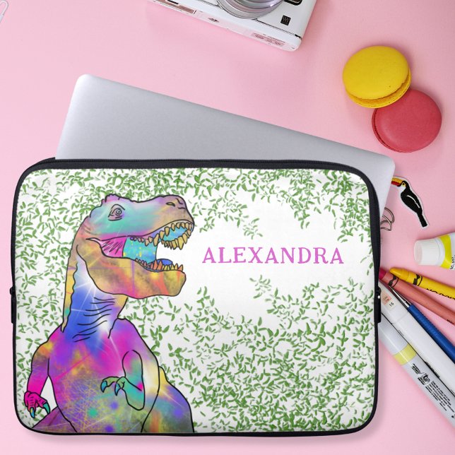 Capa Para Notebook Dinossauro T-Rex Colorido adicionar Nome (Colorful Dinosaur T-Rex Jurassic jungle custom name laptop sleeve)