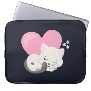 Capa Para Notebook Doce Gatinha Dormindo com um Grande Coração Rosa