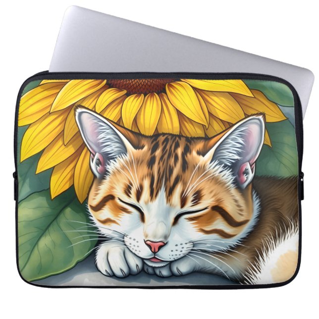 Capa Para Notebook Doce Gatinho Sonolento e Girassóis (Frente)