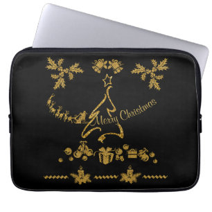 Capa Para Notebook Dourada Glitter Feliz Natal, Papai Noel