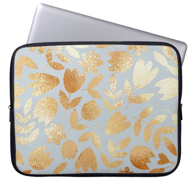 Capa Para Notebook Douradas flores, fundo azul, imitação de folhas. (Frente)