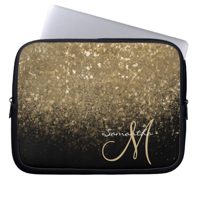 Capa Para Notebook Dourado Chic Brilho & Monograma Preto (Frente)