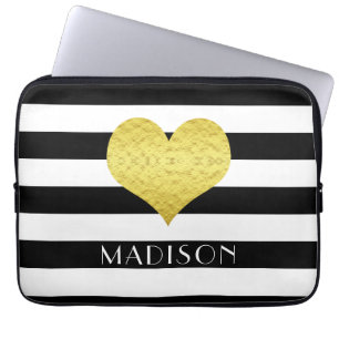 Capa Para Notebook Dourado Coração Preto Stripes Brancas Nome do Pa