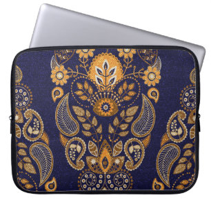 Capa Para Notebook Dourado e azul, padrão floral sem costura.