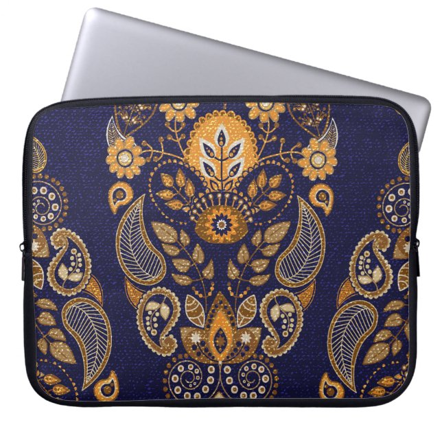 Capa Para Notebook Dourado e azul, padrão floral sem costura. (Frente)