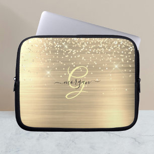 Capa Para Notebook Dourado Glitter & Monograma, Nome em Letra Preta
