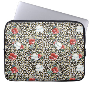 Capa Para Notebook Dourado Leopardo Impresso Vermelho Floral Branco
