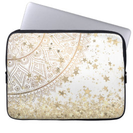 Capa Para Notebook Dourado Lotus Mandala com Douradas estrelas em bra
