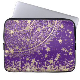 Capa Para Notebook Dourado Lotus Mandala com Douradas estrelas em rox