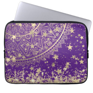 Capa Para Notebook Dourado Lotus Mandala com Douradas estrelas em rox