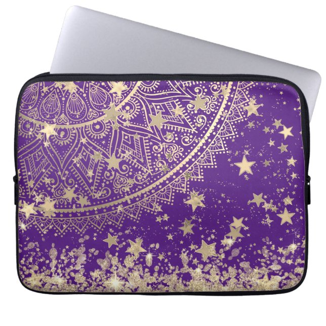 Capa Para Notebook Dourado Lotus Mandala com Douradas estrelas em rox (Frente)