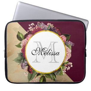 Capa Para Notebook Dourado padrão de mármore e monograma de florais