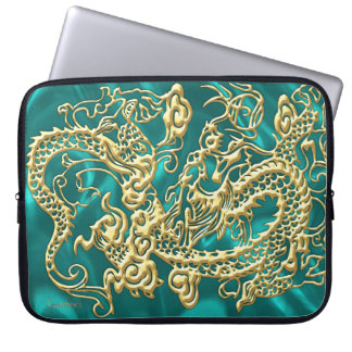 Capa Para Notebook Dragão Dourado em relevo na Turquesa Satin Impress
