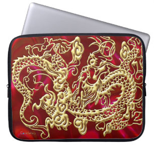 Capa Para Notebook Dragão Dourado embutido no Red Satin Impressão
