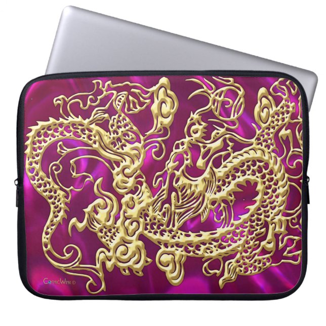 Capa Para Notebook Dragão Dourado magenta Satin Impressão (Frente)