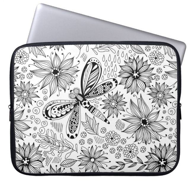 Capa Para Notebook Dragonfly e flores rabisco (Frente)