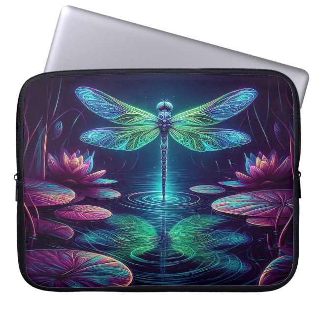 Capa Para Notebook Dragonfly Elétrica, Animais Neon Capturantes (Frente)