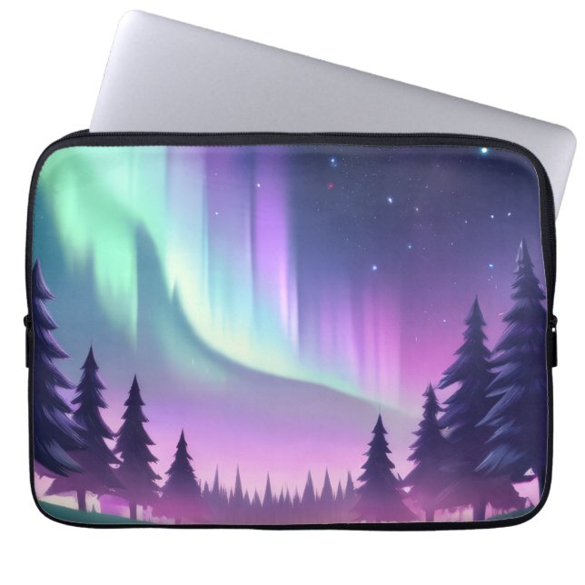 Capa Para Notebook Dreamy Aurora Night: Floresta Roxa e Luz Verde (Frente)