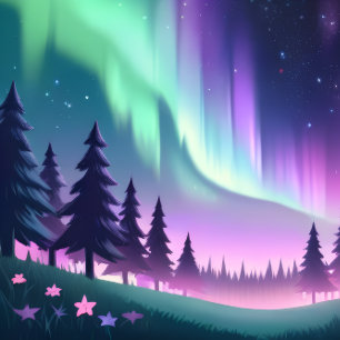 Capa Para Notebook Dreamy Aurora Night: Floresta Roxa e Luz Verde