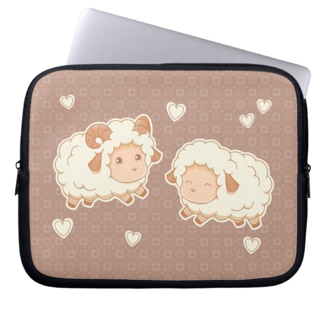 Capa Para Notebook Duas Pequenas Ovelhas Bonitas, Ram Ewe, em Castanh (Frente)