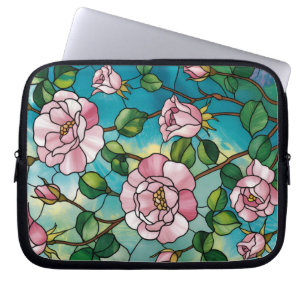 Capa Para Notebook Efeito de Vitral Floral Flores Rosadas Botânica