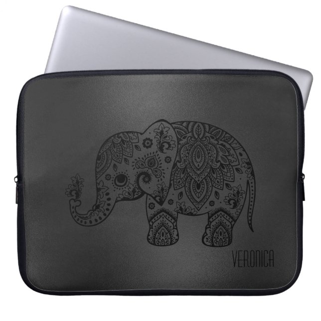 Capa Para Notebook Elefante Preto-Brilhante Preto-Negro-Cinza-Paisley (Frente)