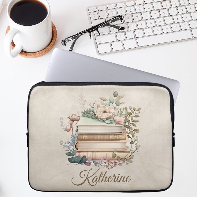Capa Para Notebook Elegant Boho Book Stack Floral  Name (Criador carregado)