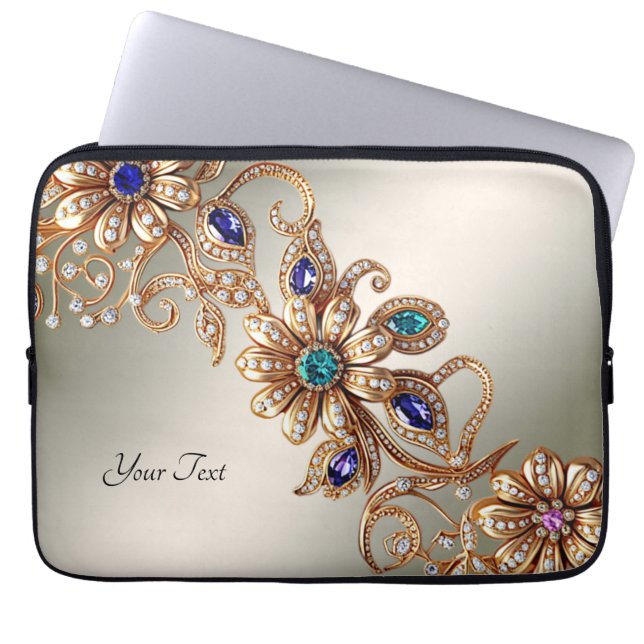 Capa Para Notebook Elegant Gold Jewel Flowers Laptop Sleeve (Frente)