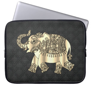 Capa Para Notebook Elegant Gold Paisley Floral Elephant, Black Damask