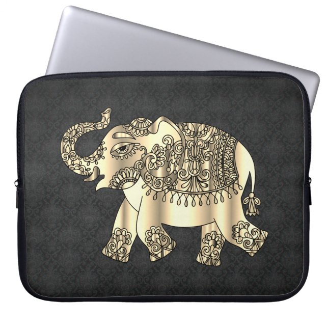 Capa Para Notebook Elegant Gold Paisley Floral Elephant, Black Damask (Frente)