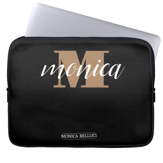 Capa Para Notebook Elegant Monogram Black Gold Script minimal (Frente)
