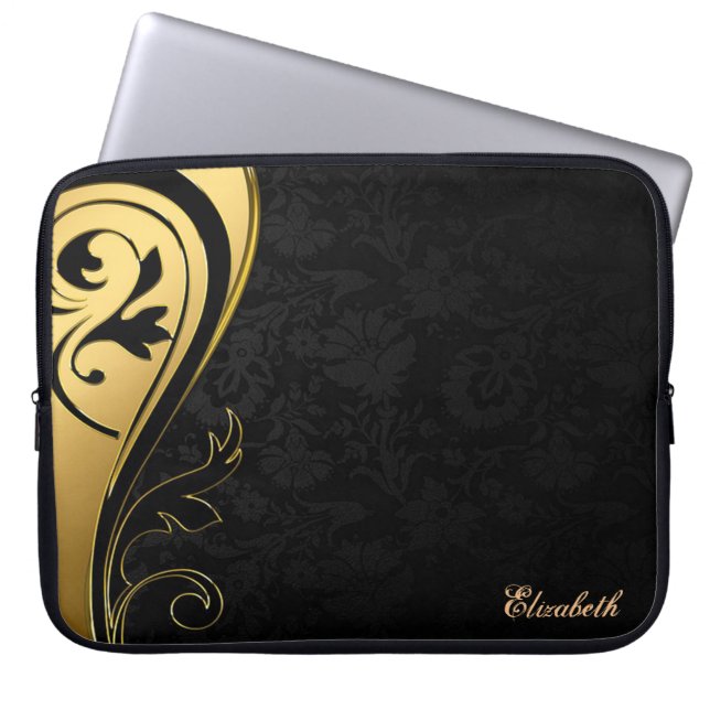 Capa Para Notebook Elegante Chic Damasco Preto, Redemoinho Dourado-Pe (Frente)