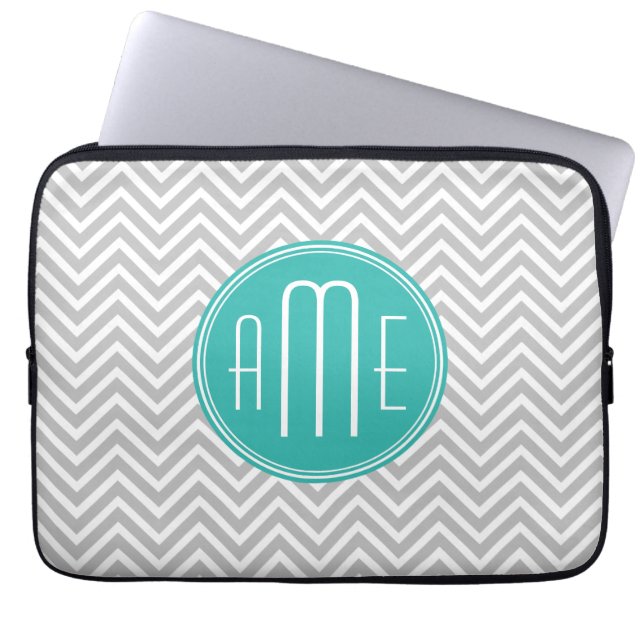 Capa Para Notebook Elegante Cinza Moderno Chevron e Monograma em Verd (Frente)