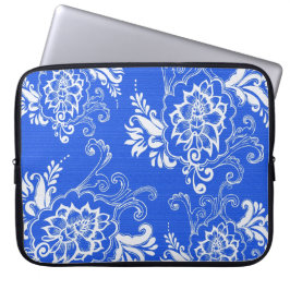 Capa Para Notebook elegante, clássico, azul na moda e floral branco