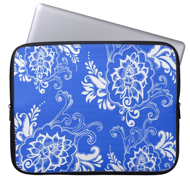 Capa Para Notebook elegante, clássico, azul na moda e floral branco (Frente)