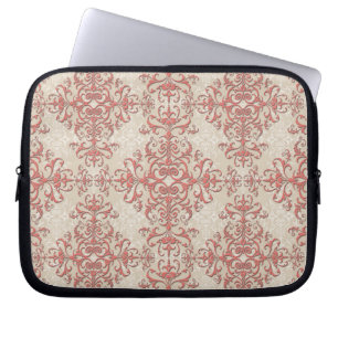 Capa Para Notebook Elegante Coral e Padrão Damask Branco Antigo