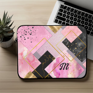 Capa Para Notebook Elegante feminino falso brilho rosa preto geométri