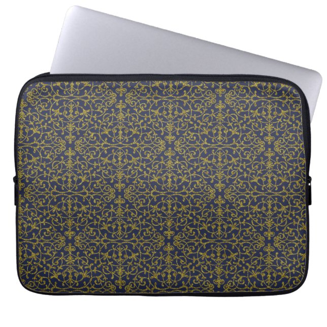 Capa Para Notebook Elegante Filigrana Azul e Dourado (Frente)