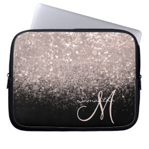Capa Para Notebook Elegante Glitter de Ouro Rosa e Monograma Preto