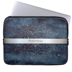 Capa Para Notebook Elegante Mandala Prateado Moderno com Faixa Azul-M