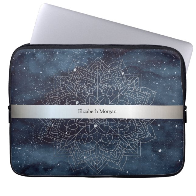 Capa Para Notebook Elegante Mandala Prateado Moderno com Faixa Azul-M (Frente)