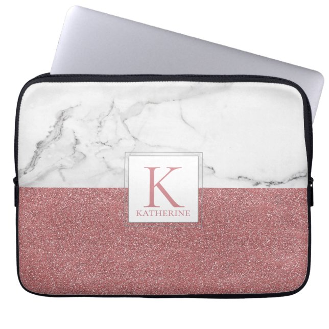 Capa Para Notebook Elegante Marble Blush Pink Glitter Girly Monograma (Frente)