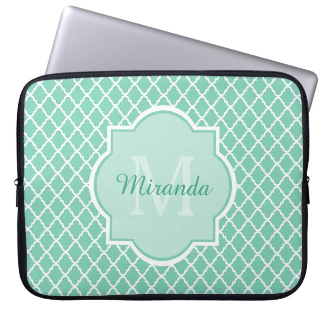 Capa Para Notebook Elegante Mint Green Quatrefoil Monograma Com Nome (Frente)