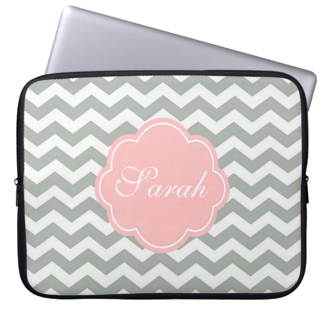 Capa Para Notebook Elegante, moderno, monograma cinza de chevron (Frente)