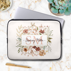 Capa Para Notebook Elegante Monograma Aquarela Floral de Flores Silve